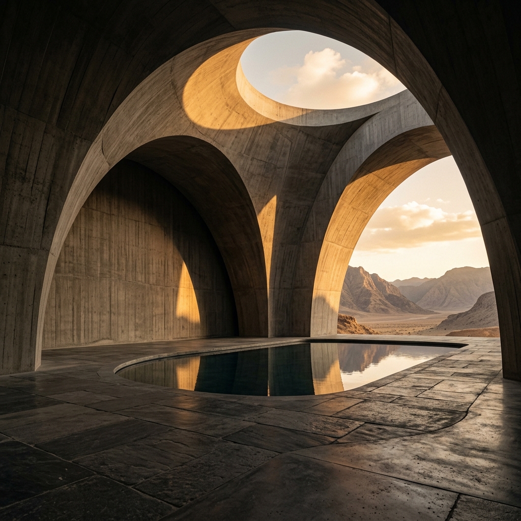 Monumental abstract architecture bathed in cinematic light, conveying resonance and permanence