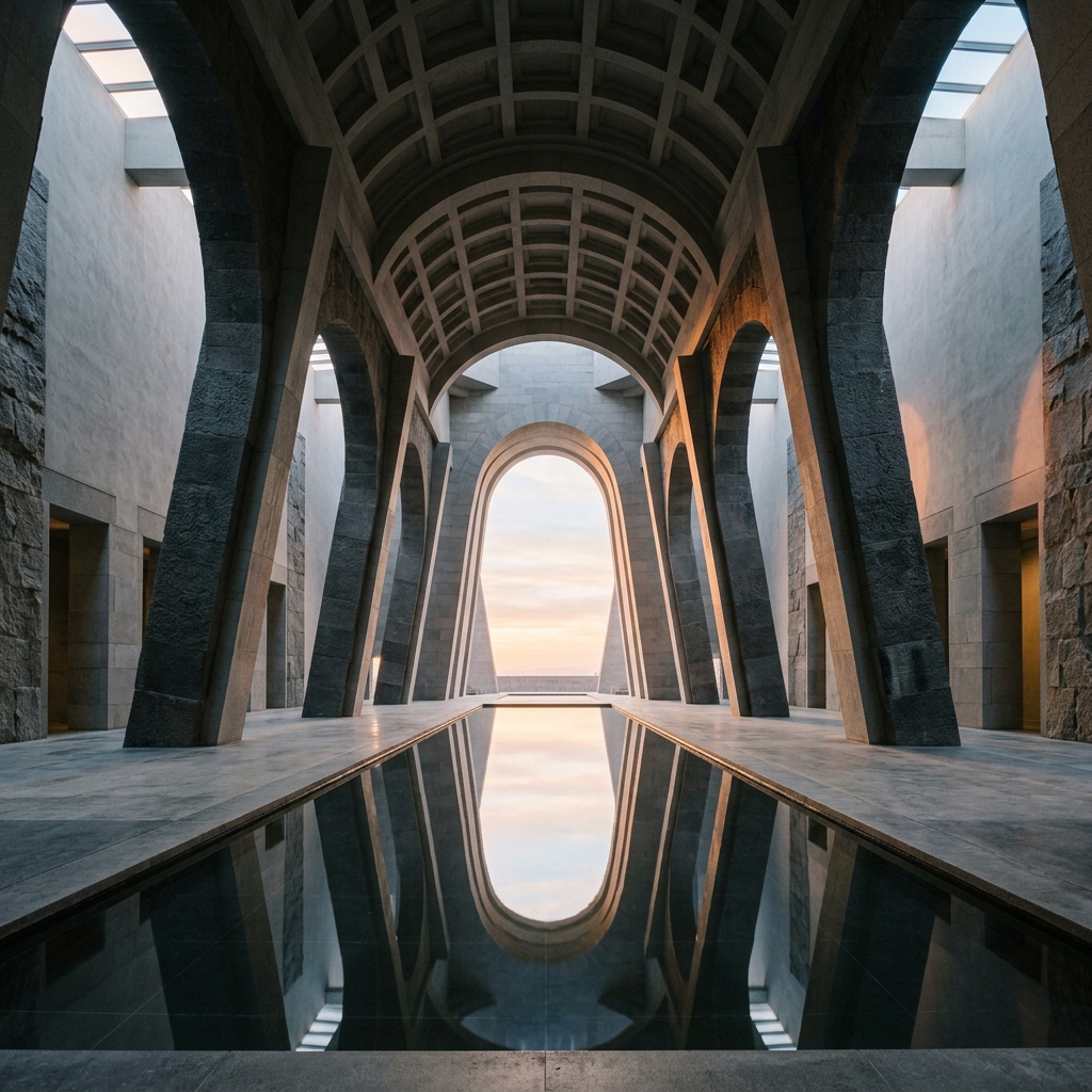 Massive stone pillars over a perfect reflecting pool at dawn
