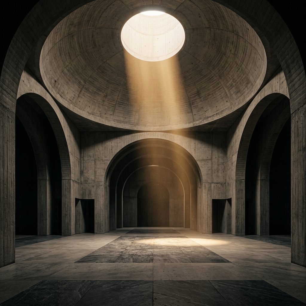 Oculus in a concrete dome letting in a powerful beam of golden light